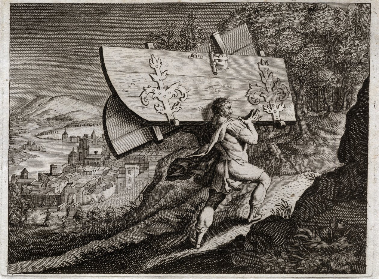 Biblia de Royaumont, Antiguo Testamento: Puertas de Gaza. Sansón, encerrado en Gaza, arranca las puertas de la ciudad. Ilustración de 1811 de Unknown artist