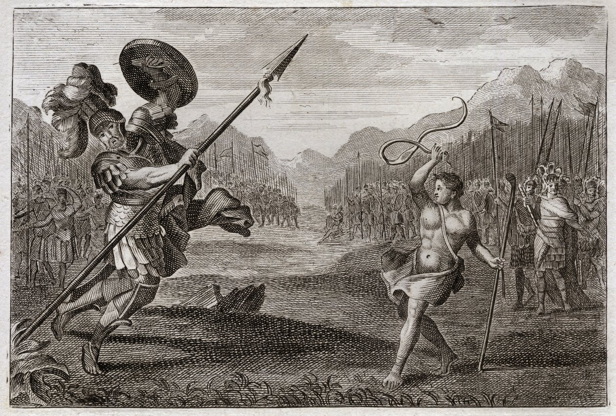 Biblia de Royaumont, Antiguo Testamento: Gigante Goliat. Goliat, filisteo de prodigiosa grandeza, es derrotado por David, armado solo con una honda y un palo. Ilustración de 1811 de Unknown artist