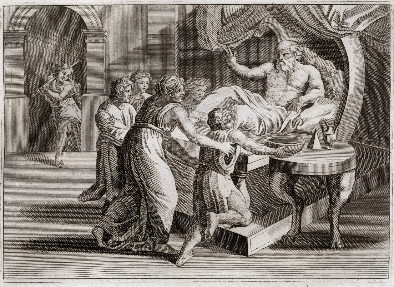 Biblia de Royaumont, Antiguo Testamento: Isaac bendice a Jacob. Isaac, deseando bendecir a Esaú, da su bendición a Jacob por la sabiduría de Rebeca, según el plan de Dios. Ilustración de 1811. de Unknown artist