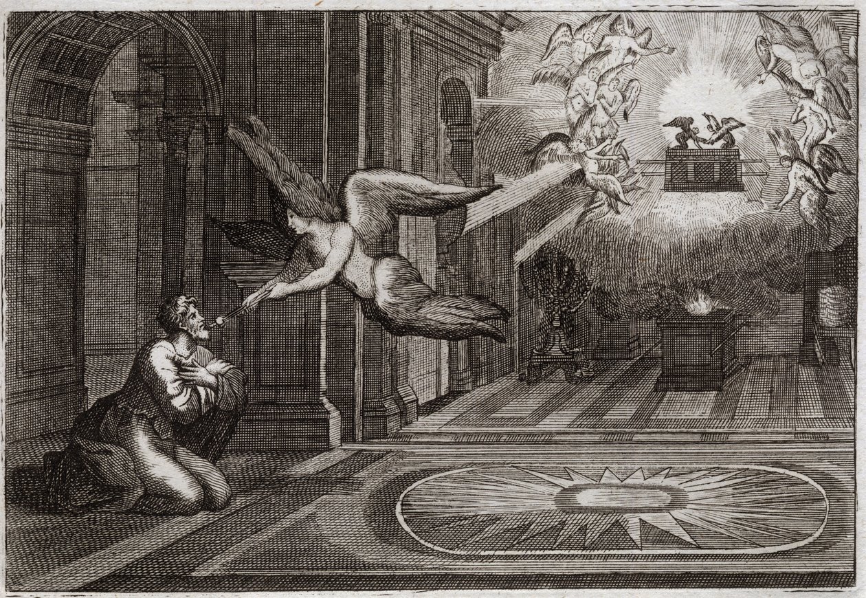 Biblia de Royaumont, Antiguo Testamento: Isaías profeta. Un serafín tomó con sus tenazas un carbón ardiente que estaba en el altar, y tocó los labios de este santo profeta, para purificarlo de todas sus manchas. Ilustración de 1811. de Unknown artist