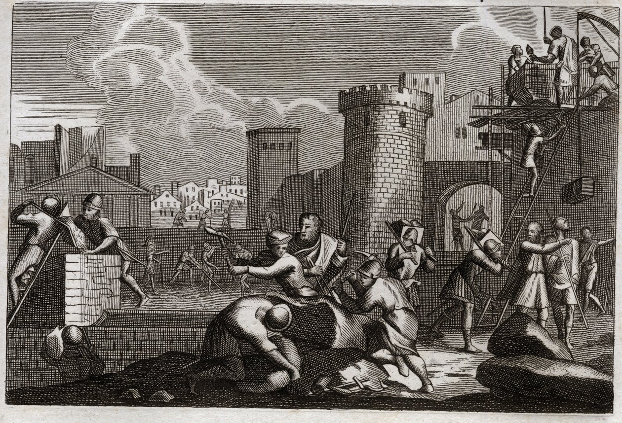 Biblia de Royaumont, Antiguo Testamento: Jerusalén reconstruida. El rey Artajerjes I envió a Nehemías a Jerusalén con permiso para reconstruir todos sus muros. Ilustración de 1811. de Unknown artist
