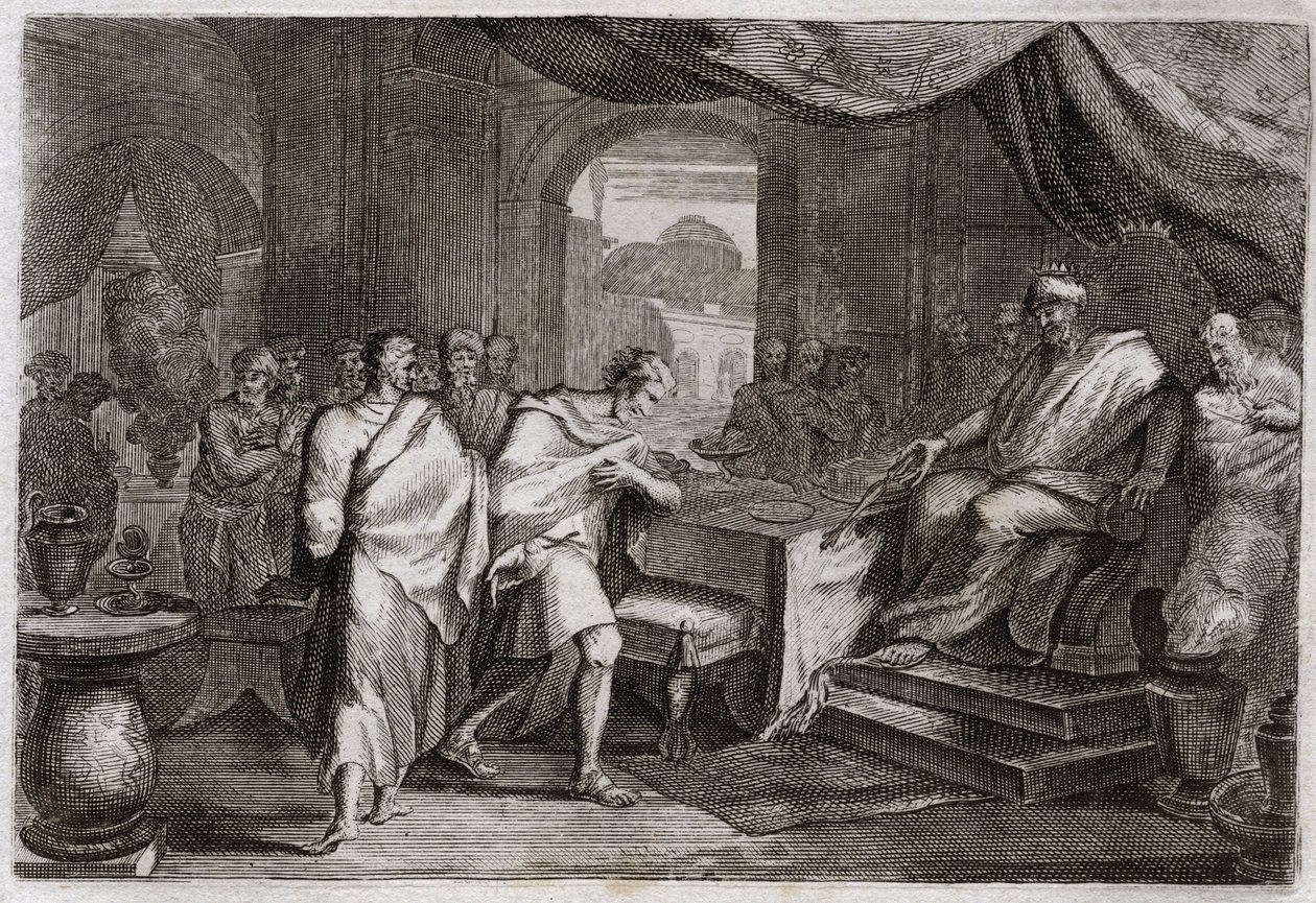 Biblia de Royaumont, Antiguo Testamento: Joaquín suelta las cadenas. Evilmerodach, rey de Babilonia, tras la muerte de Nabucodonosor II, trata a Joaquín, antiguo rey de Judá, y lo saca de las cadenas para sentarlo en su mesa. Ilustración de 1811. de Unknown artist