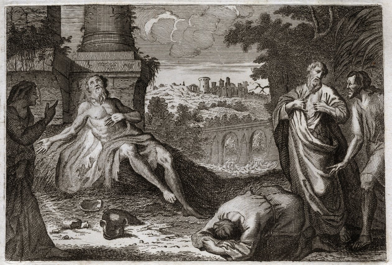 Biblia de Royaumont, Antiguo Testamento: Job en el estiércol. El santo Job es tentado por el demonio que le quita todos sus bienes y todos sus hijos, y lo golpea con una terrible herida, dejándole solo a su esposa para que lo lleve con impaciencia. Ilustra de Unknown artist