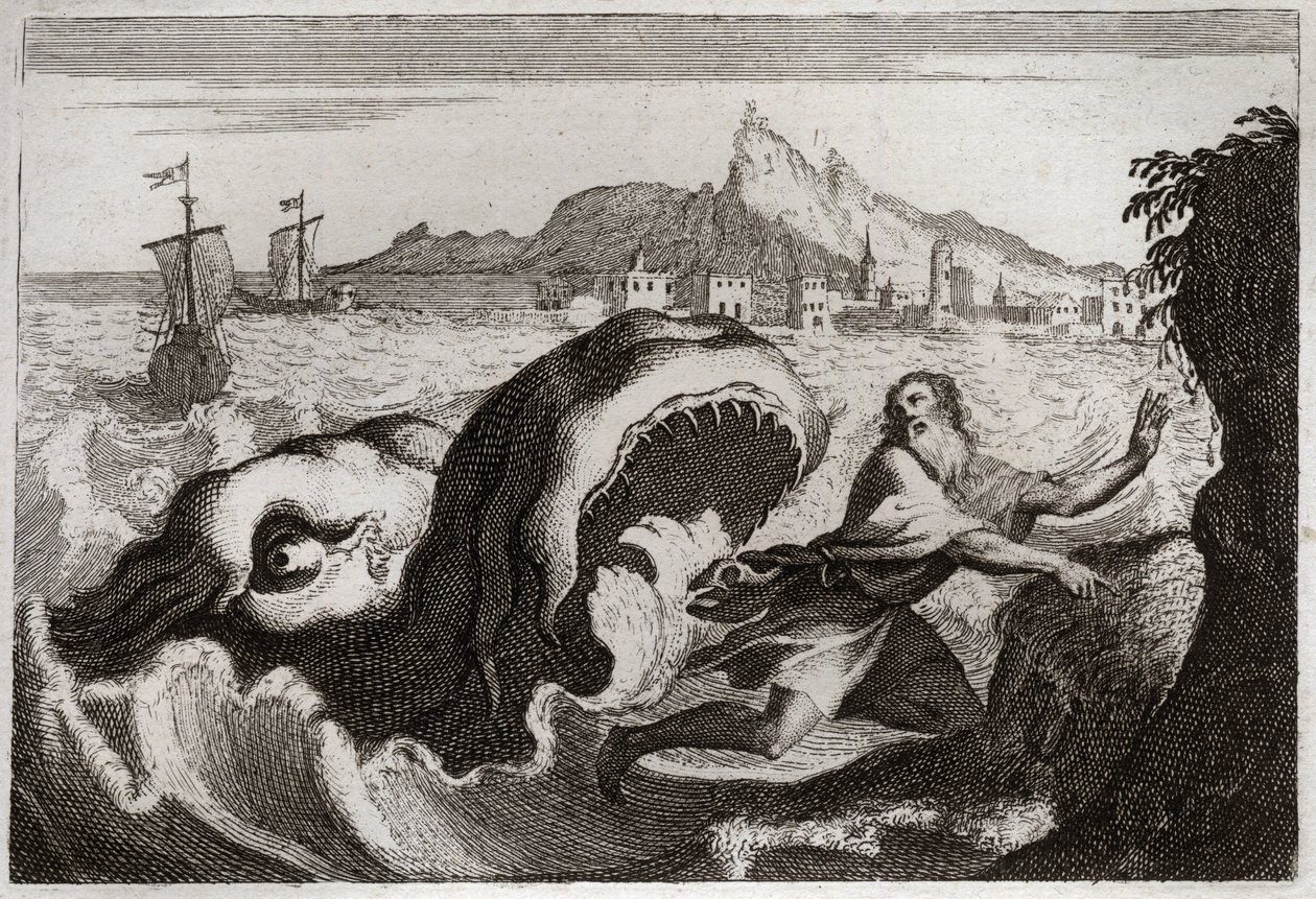 Biblia de Royaumont, Antiguo Testamento: Jonás en la ballena. El profeta Jonás vive en una ballena y sale vivo. Ilustración de 1811. de Unknown artist
