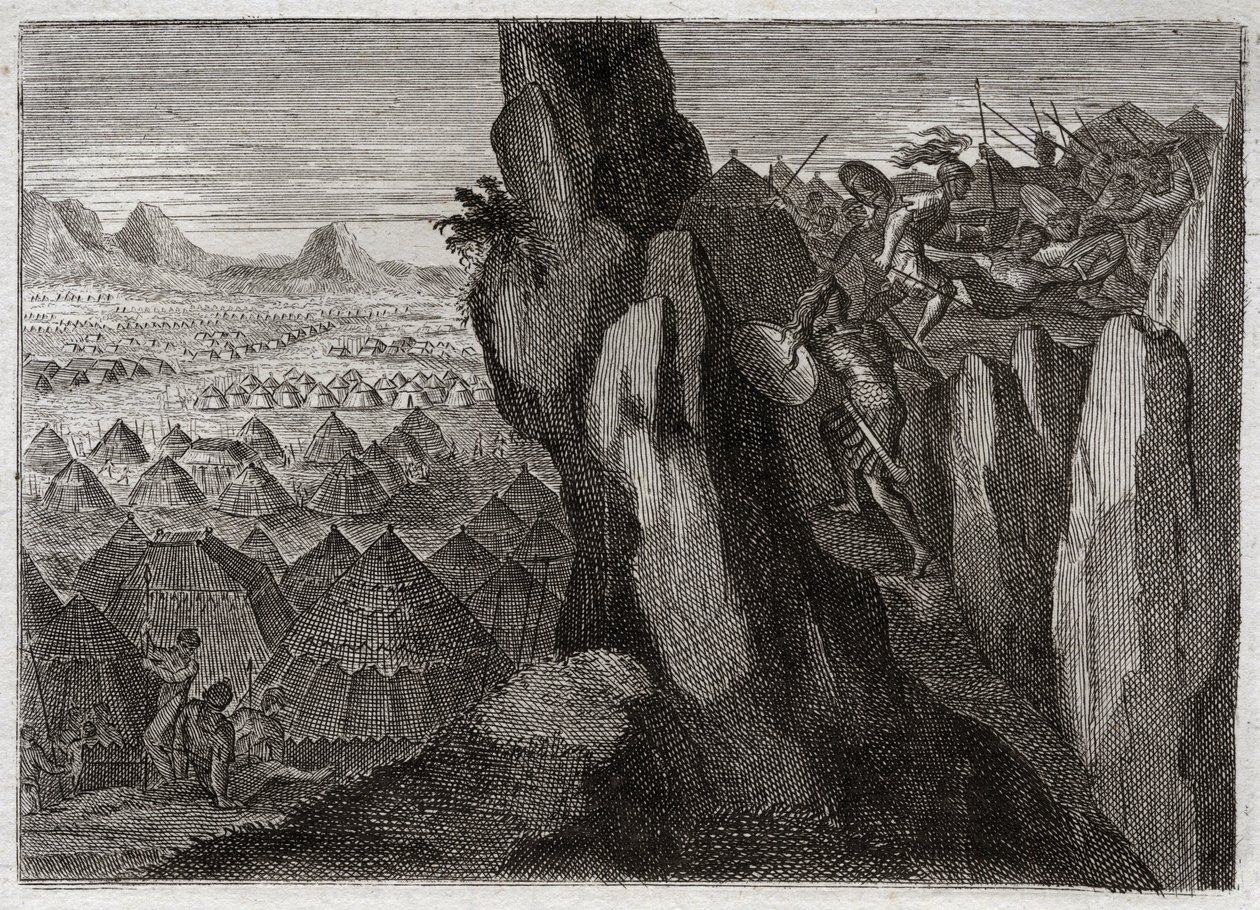 Biblia de Royaumont, Antiguo Testamento: Jonatán y su escudero. Jonatán, el hijo del rey Saúl, va solo con su escudero al campamento de los filisteos y los pone en fuga. Ilustración de 1811 de Unknown artist