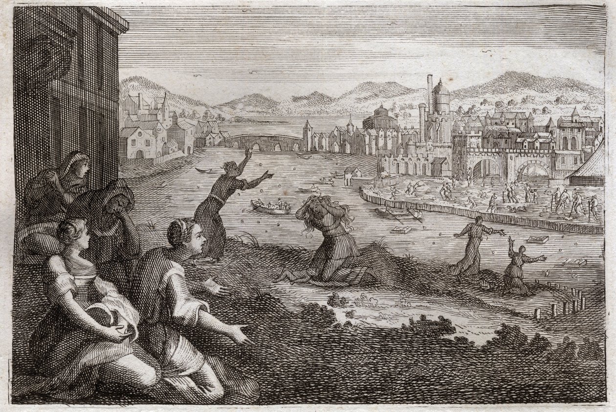 Biblia de Royaumont, Antiguo Testamento: Parteras de Egipto. El faraón hace que los niños varones de los israelitas sean arrojados al Nilo. Ilustración de 1811. de Unknown artist