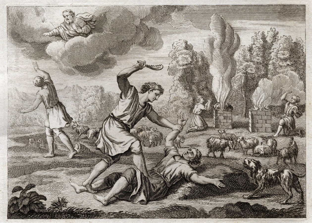 Biblia de Royaumont, Antiguo Testamento: Asesinato de Abel. Caín lleva a su hermano con envidia contra Abel, lo saca al campo como si fuera a pasear y lo mata. Ilustración de 1811. de Unknown artist
