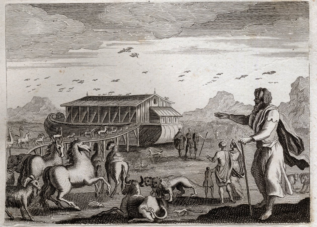 Biblia de Royaumont, Antiguo Testamento: El arca de Noé. Dios, enojado por las transgresiones de los hombres, decide castigarlos con un diluvio; y para salvar a Noé, quien era justo, le ordena construir el arca. Ilustración de 1811. de Unknown artist