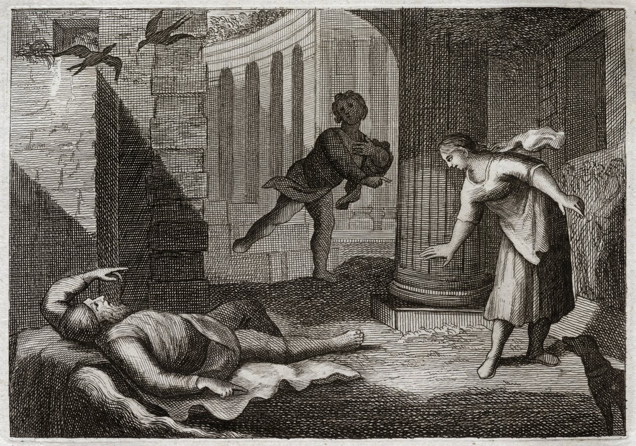 Biblia de Royaumont, Antiguo Testamento: El viejo Tobías pierde la vista. El santo hombre Tobías pierde la vista y sufre este mal con extrema paciencia. Ilustración de 1811 de Unknown artist
