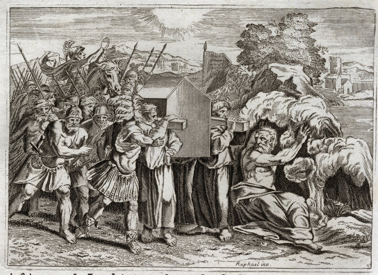 Biblia de Royaumont, Antiguo Testamento: Paso del Jordán. Josué lleva el Jordán a todo el pueblo. Este río se seca, y los sacerdotes que llevaban el arca de la alianza entraron en él; y las aguas se elevaron y permanecieron suspendidas como una montaña. de Unknown artist