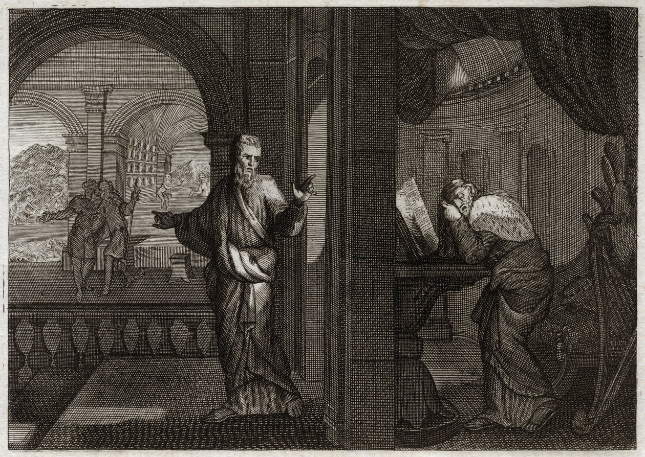 Biblia de Royaumont, Antiguo Testamento: Penitencia de David. Dios envía a su profeta Natán a David para representarle su culpa. El arrepentimiento que este santo rey concibió de ella le hace aceptar todos los males que el profeta le predijo. Ilustración d de Unknown artist