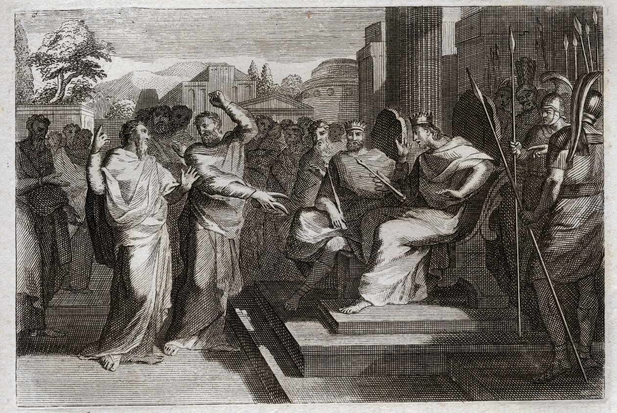 Biblia de Royaumont, Antiguo Testamento: Piedad de Josafat. Josafat, el rey más piadoso de Judá, hace temblar a todos los príncipes que lo rodean, y testifica de diversas maneras su piedad hacia Dios, lo que lo hizo victorioso sobre sus enemigos. Ilustraci de Unknown artist
