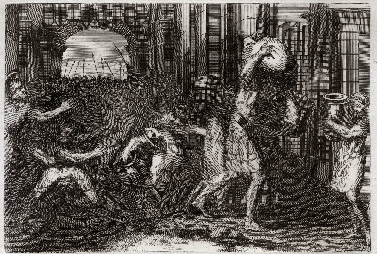 Biblia de Royaumont, Antiguo Testamento: Predicción de Eliseo. Un señor de Samaria, habiendo malinterpretado las palabras de Eliseo, es aplastado a sus pies. Ilustración de 1811 de Unknown artist