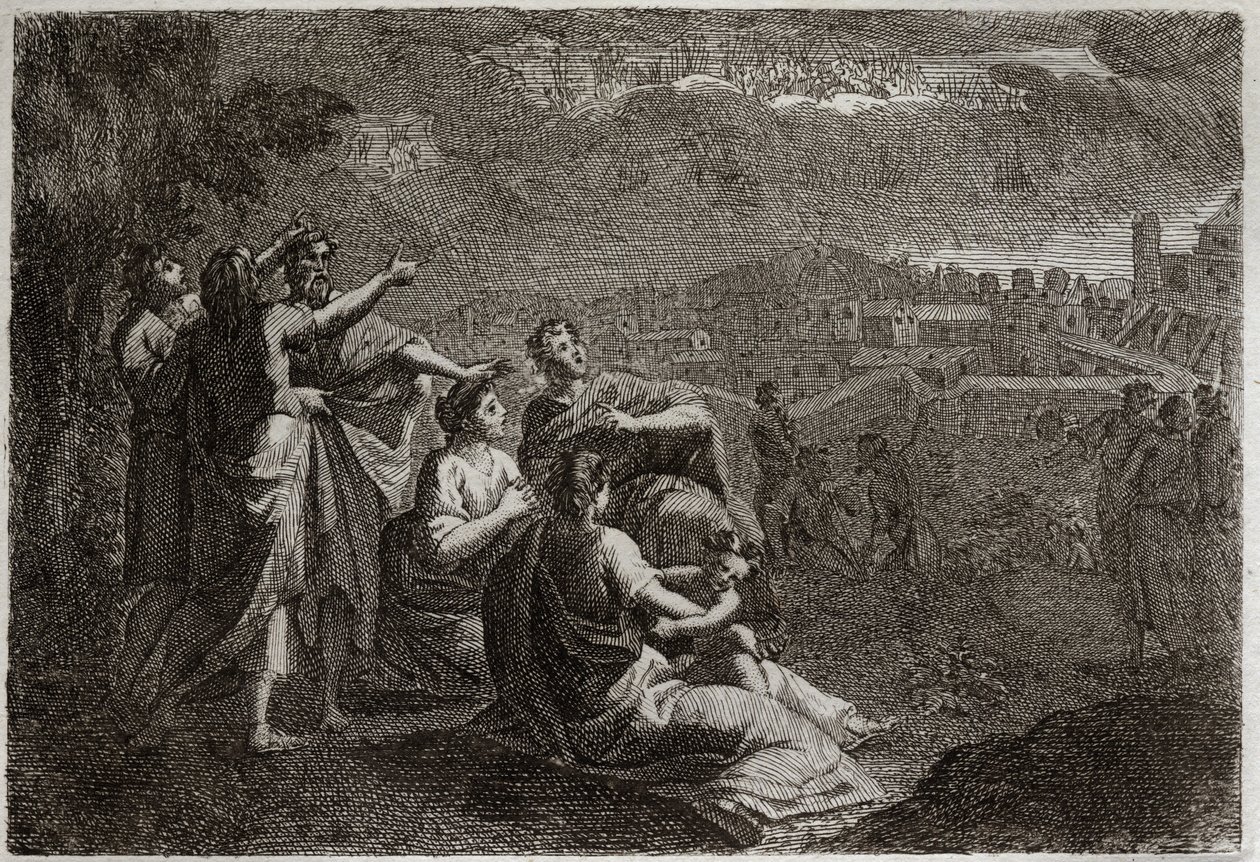 Biblia de Royaumont, Antiguo Testamento: Predicciones sobre Jerusalén. Dios ha levantado armas en el aire sobre Jerusalén, para infligirle los males que iban a caer sobre ella. Ilustración de 1811. de Unknown artist