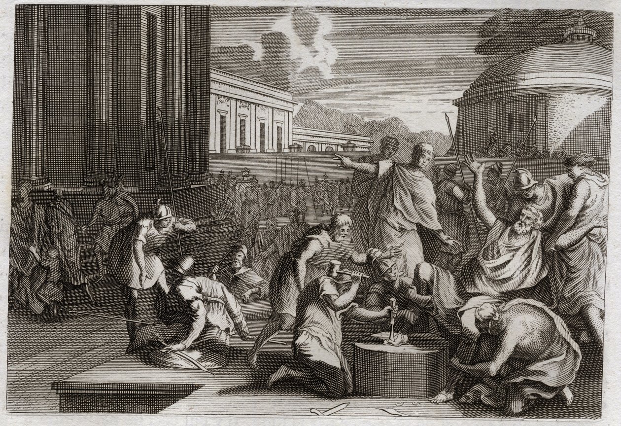 Biblia de Royaumont, Antiguo Testamento: Castigo de Adonibesec. Muerte de Josué. El rey Adonibesec (Adonibesech, Adoni Bezek, Adoni-Bezek) habiendo sido desafiado por los judíos, fue hecho cortar los extremos de sus pies y manos, como él los había cortado, de Unknown artist