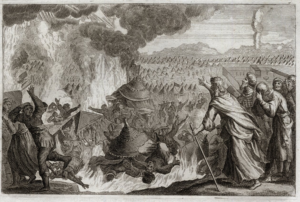 Biblia de Royaumont, Antiguo Testamento: Castigo del Fuego Celestial. Core (Kore), Datán (Datan, Nathan) y Abirón (Abiram) murmurando contra Moisés, y afectando al gobernante Pretrise, son destruidos vivos, y la tierra se abre para devorarlos. Episodio de  de Unknown artist