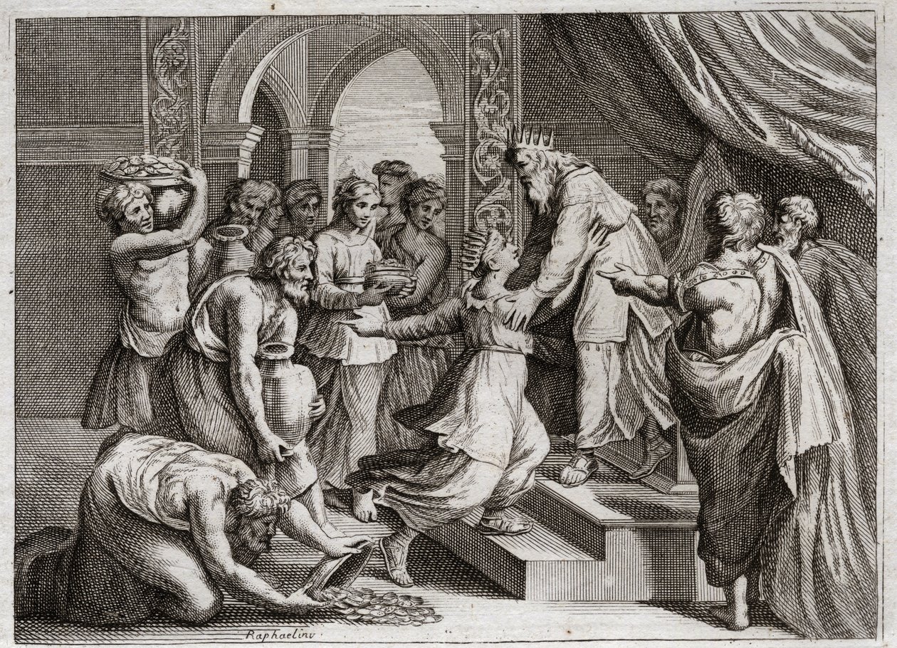 Biblia de Royaumont, Antiguo Testamento: Reina de Saba. La Reina de Saba viene a Salomón para escuchar su sabiduría y ofrecerle regalos. Ilustración de 1811 de Unknown artist