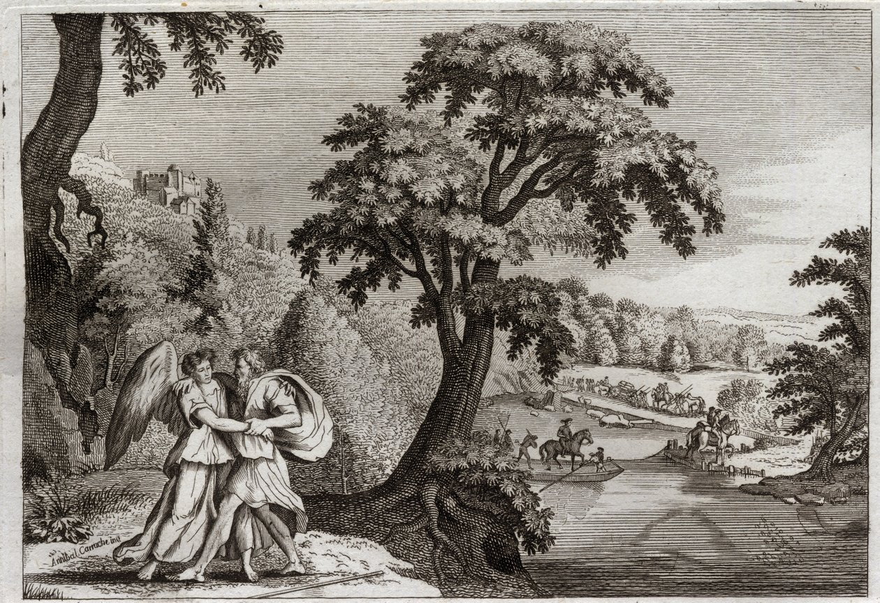 Biblia de Royaumont, Antiguo Testamento: Reconciliación de Esaú con Jacob. La sabiduría de Jacob para suavizar a Esaú. Su lucha con el ángel. Ilustración de 1811 de Unknown artist