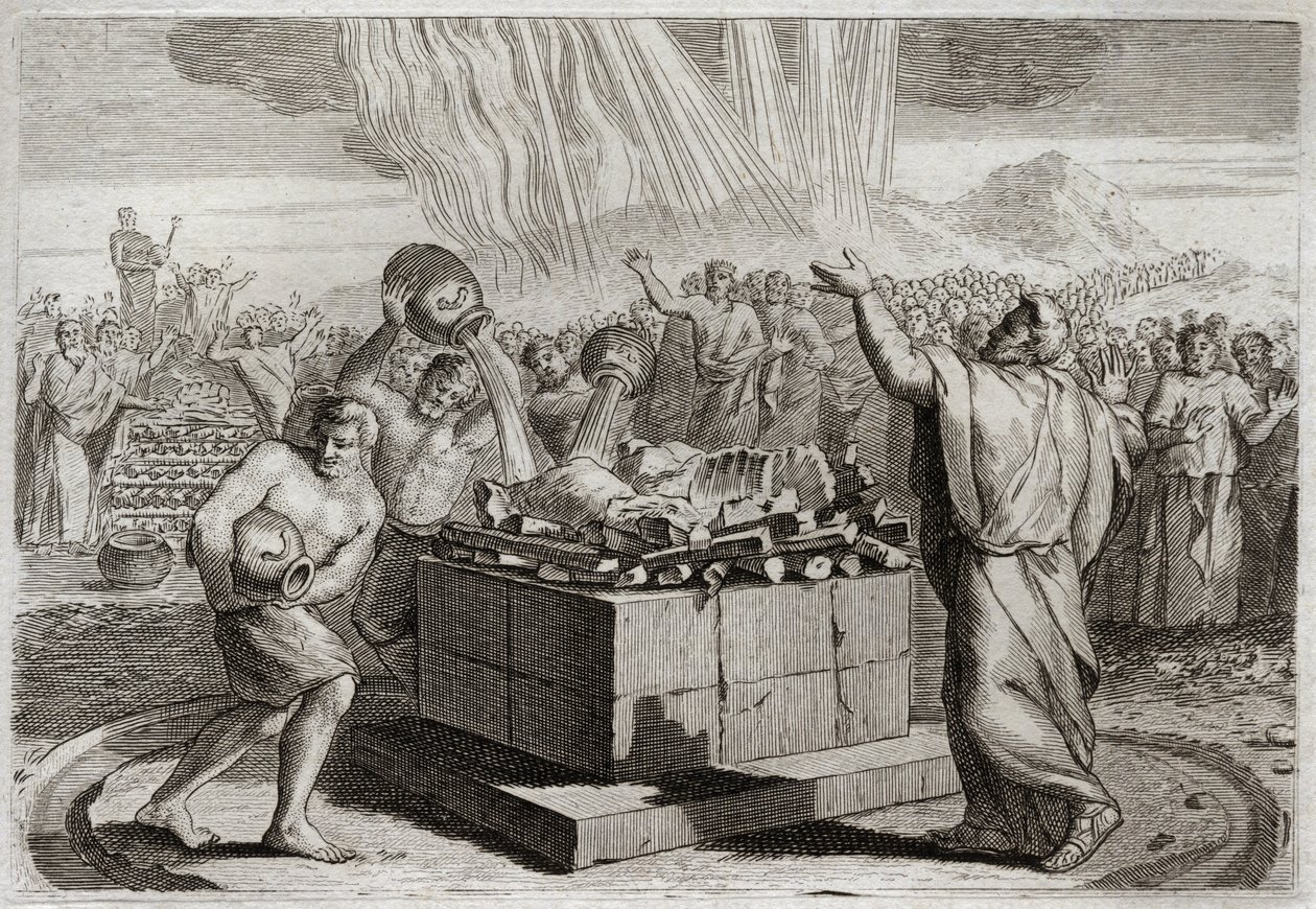 Biblia de Royaumont, Antiguo Testamento: Sacrificio de Elías. Y habiendo dado a conocer al verdadero Dios por el milagro del fuego que descendió del cielo sobre su sacrificio, mandó al pueblo matar a los cuatrocientos cincuenta sacerdotes del ídolo de Baal de Unknown artist