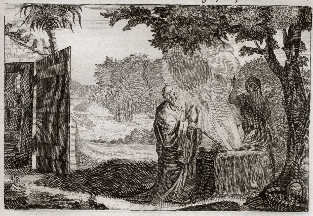 Biblia de Royaumont, Antiguo Testamento: Sacrificio de Gedeón. Gedeón (Gedeón) es llamado por Dios para liberar a los judíos de sus enemigos. Ofrece un sacrificio sobre una piedra, de la cual sale un fuego que lo consume. Ilustración de 1811. de Unknown artist