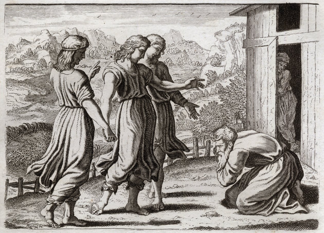 Biblia de Royaumont, Antiguo Testamento: Sara concibe a Isaac. Abraham recibe a tres ángeles que prometen a Sara (Sara) que tendrá un hijo en un año. Ilustración de 1811. de Unknown artist