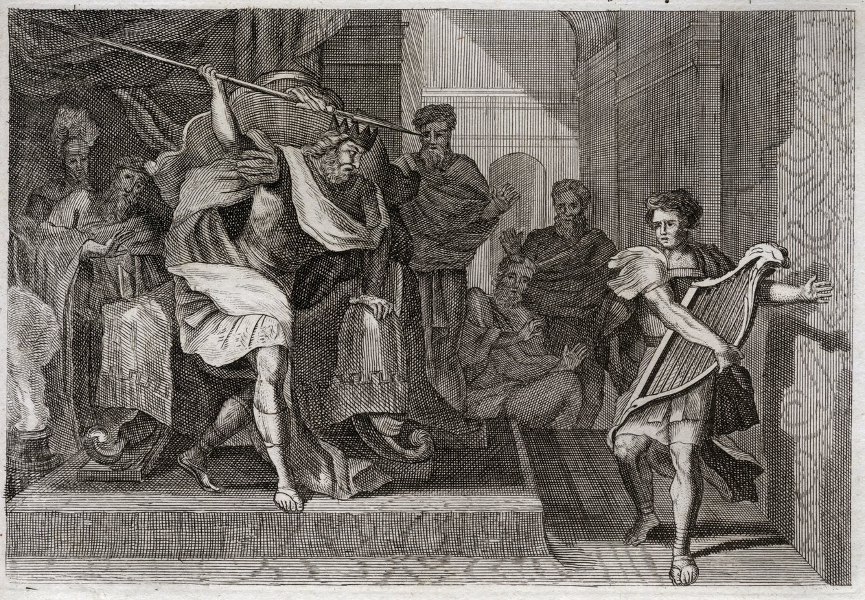Biblia de Royaumont, Antiguo Testamento: Saúl quiere matar a David. Saúl lleno de ira y envidia contra David, quiere atravesarlo con su lanza cuando tocaba el arpa frente a él. Ilustración de 1811. de Unknown artist