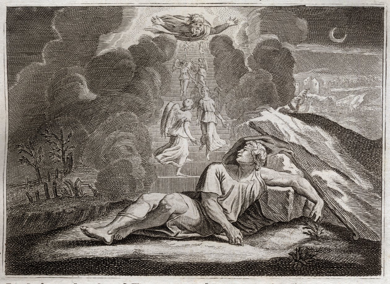 Biblia de Royaumont, Antiguo Testamento: Escalera de Jacob. Jacob, huyendo de la ira de Esaú, ve en sueños una escalera misteriosa. Ilustración de 1811. de Unknown artist