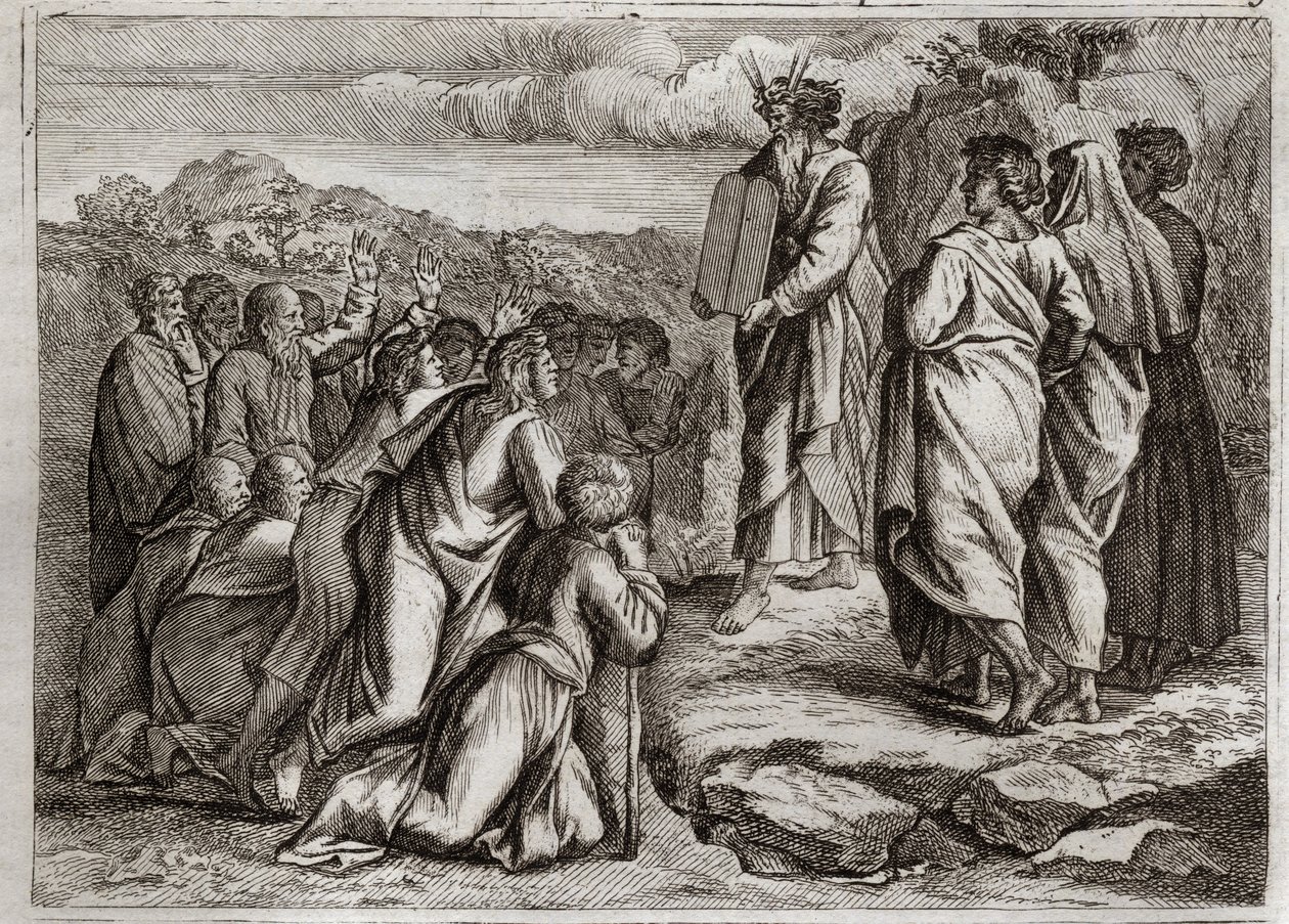 Biblia de Royaumont, Antiguo Testamento: Segundas Tablas de la Ley. Dios da a Moisés otras tablas (Diez Mandamientos), que el pueblo recibe con respeto. Ilustración de 1811. de Unknown artist