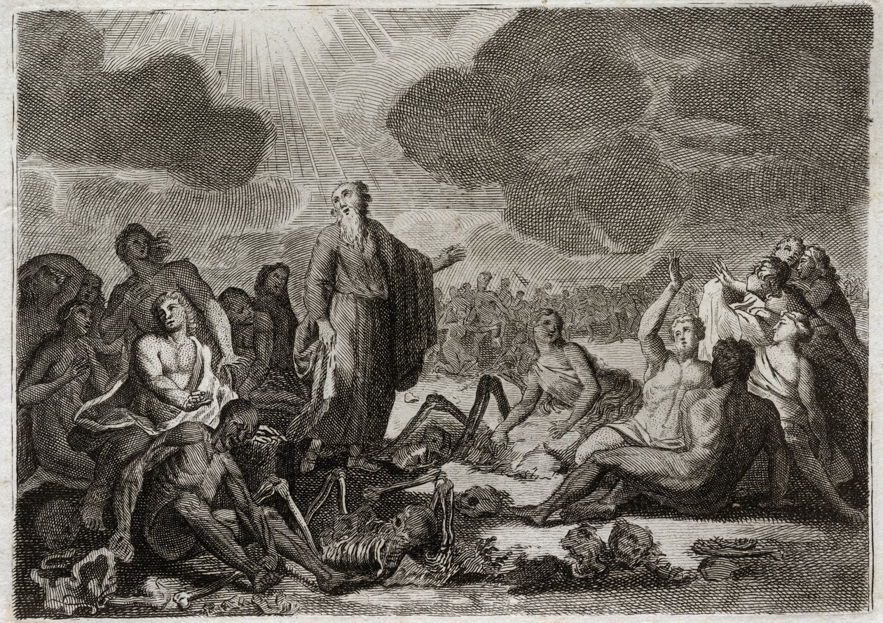 Biblia de Royaumont, Antiguo Testamento: Segunda visión de Ezequiel. La visión que el profeta Ezequiel tuvo de varios huesos secos que tomaron forma humana. Ilustración de 1811 de Unknown artist