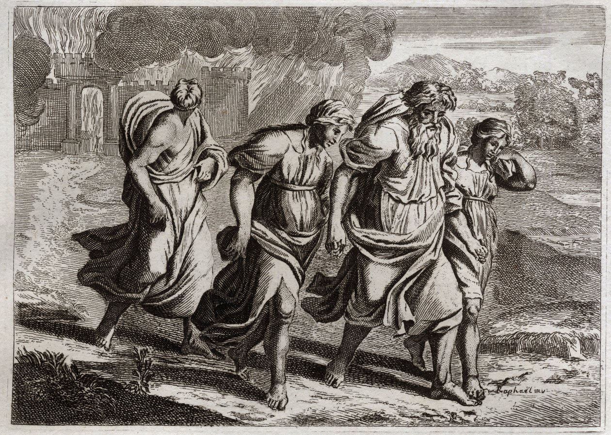 Biblia de Royaumont, Antiguo Testamento: Sodoma quemada. Dios irritado por los abominables crímenes de Sodoma, la quema junto con otras ciudades vecinas, con una lluvia de fuego y azufre que cae del cielo (Lot, sus hijas y su esposa huyen de la ciudad). Il de Unknown artist