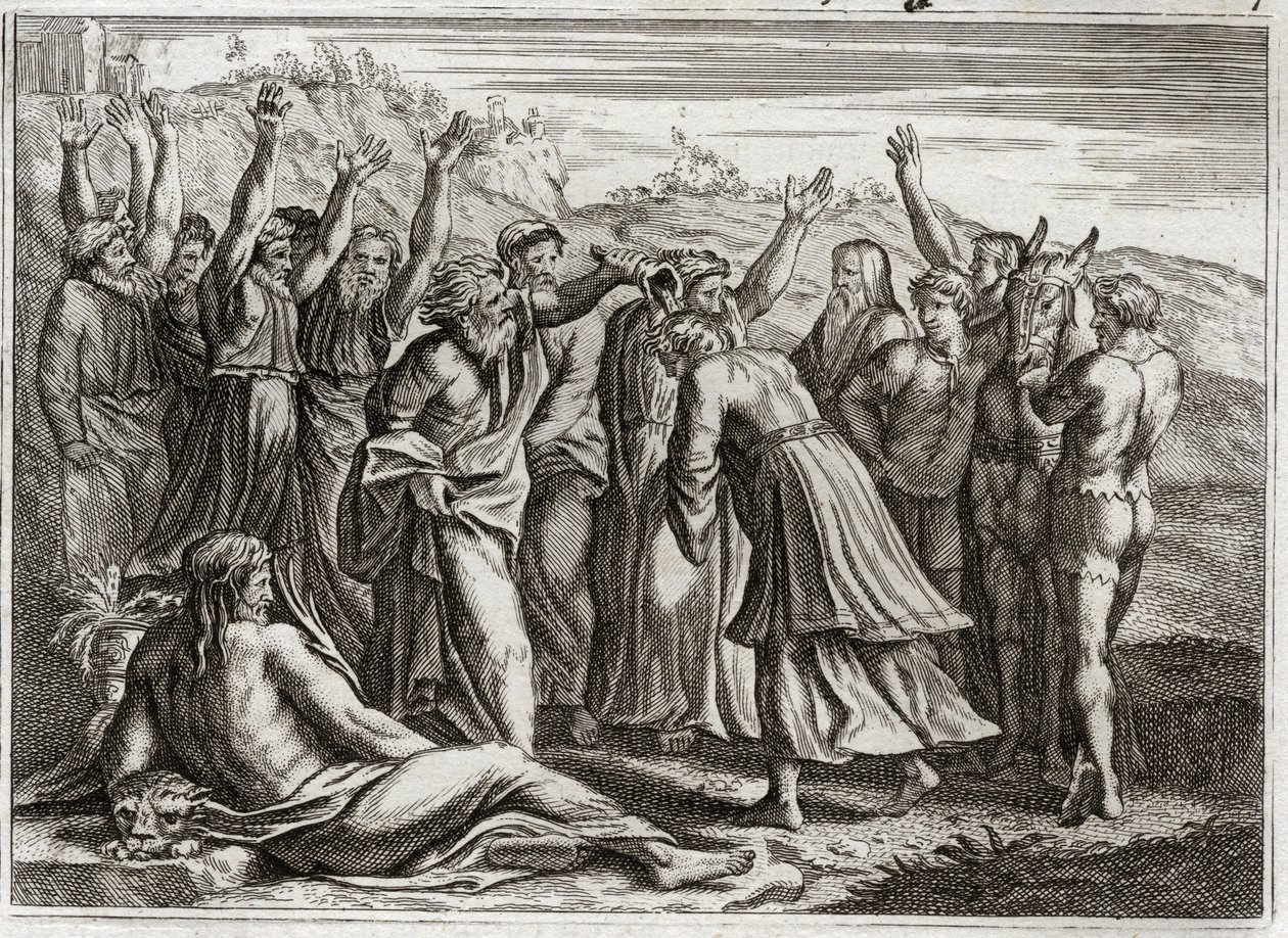 Biblia de Royaumont, Antiguo Testamento: Salomón Rey. David estableció a Salomón como rey a las oraciones de Betsabé y el profeta Natán. Ilustración de 1811. de Unknown artist