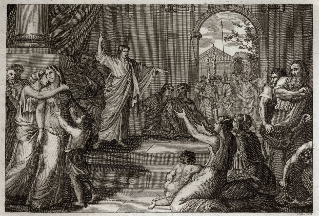 Biblia de Royaumont, Antiguo Testamento: Susana liberada. Dios usa la sabiduría del joven Daniel para liberar a Susana de la muerte, a la que había sido condenada injustamente. Ilustración de 1811. de Unknown artist