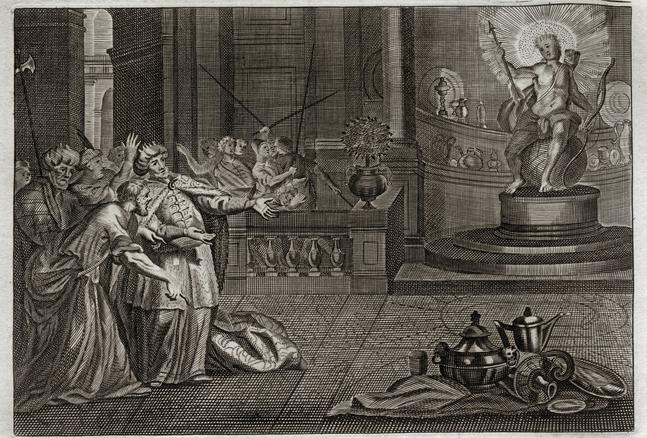 Biblia de Royaumont, Antiguo Testamento: El ídolo de Bel. Daniel destruyó el ídolo de Bel y mató a un dragón al que los babilonios adoraban. Ilustración de 1811 de Unknown artist