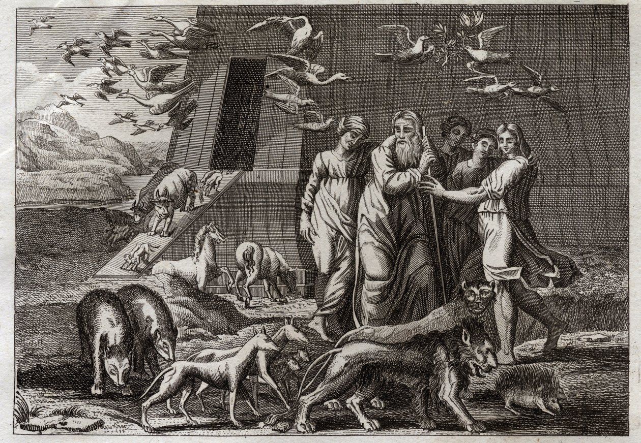 Biblia de Royaumont, Antiguo Testamento: El Arco Iris. Noé sale del Arca y ofrece un sacrificio a Dios, quien lo recibe favorablemente. Promete no enviar más diluvios a la tierra. Da el Arco Iris como señal de la verdad de esta promesa. Ilustración de 1811 de Unknown artist