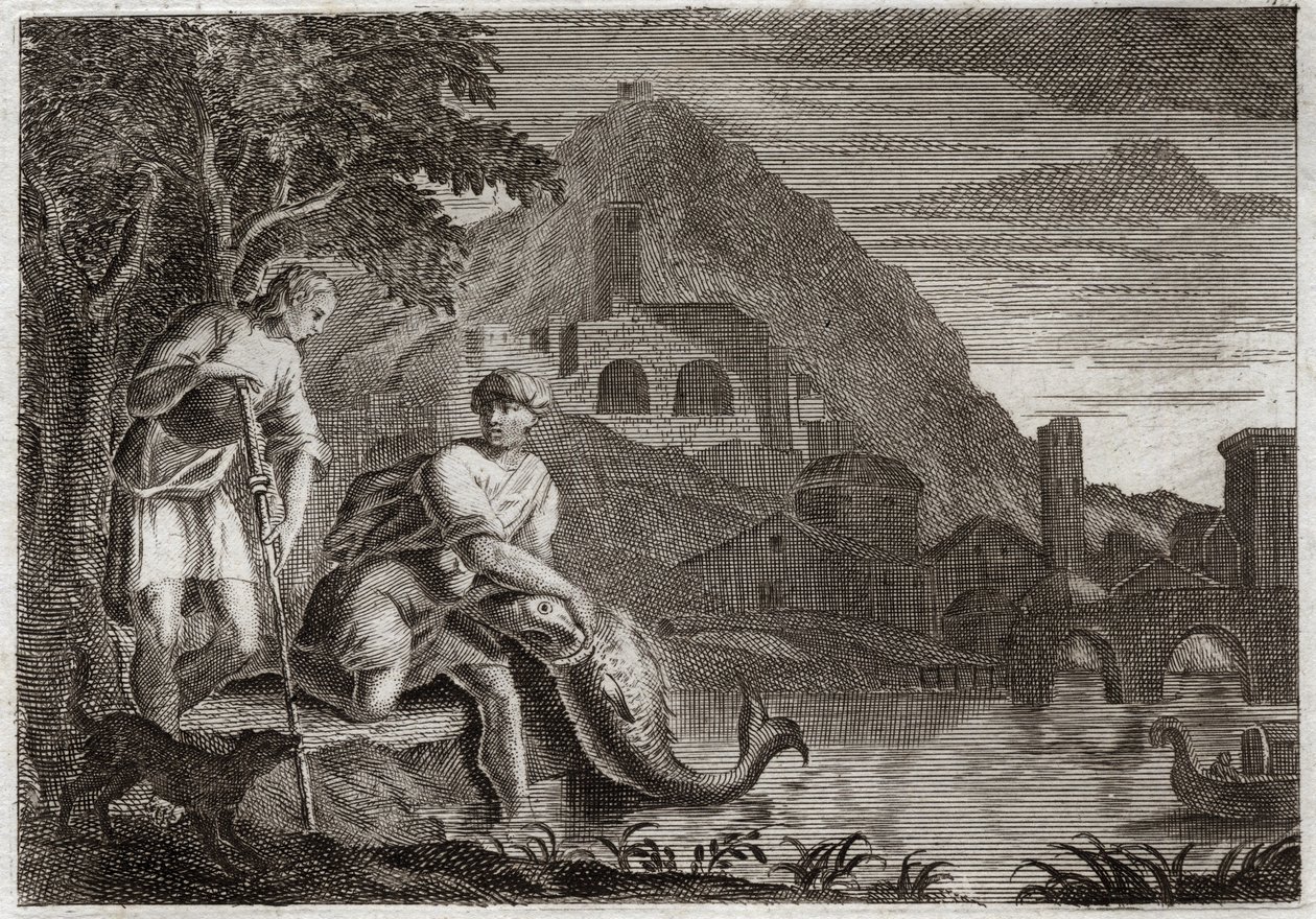 Biblia de Royaumont, Antiguo Testamento: El ángel guía a Tobías. El joven Tobías está aterrorizado por un pez (milagroso) que quería comérselo. El ángel Rafael viene por orden de Dios para guiarlo en un viaje que tenía que hacer. Ilustración de 1811. de Unknown artist
