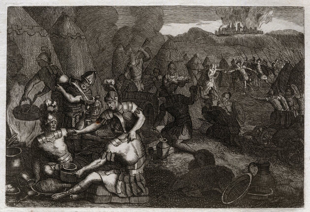 Biblia de Royaumont, Antiguo Testamento: Ladrones de Siceleg. Algunos amalecitas vienen a saquear Siceleg en ausencia de David. Él corre furioso y los derrota. Ilustración de 1811. de Unknown artist