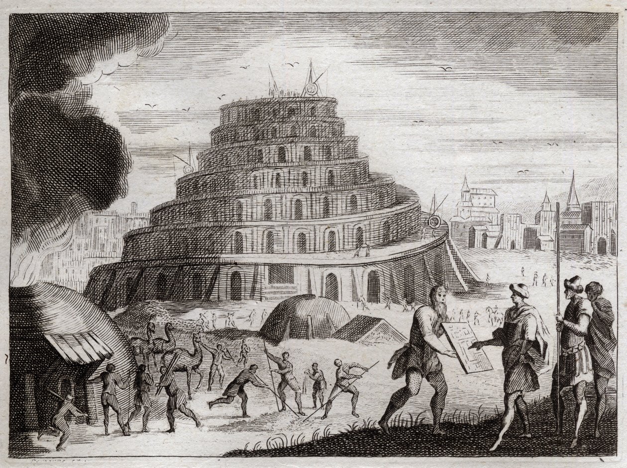 Biblia de Royaumont, Antiguo Testamento: Torre de Babel. Los hombres quieren por vanidad levantar una Torre hasta el cielo. Dios impide esta obra confundiendo sus lenguas para que no puedan entenderse. Ilustración de 1811 de Unknown artist