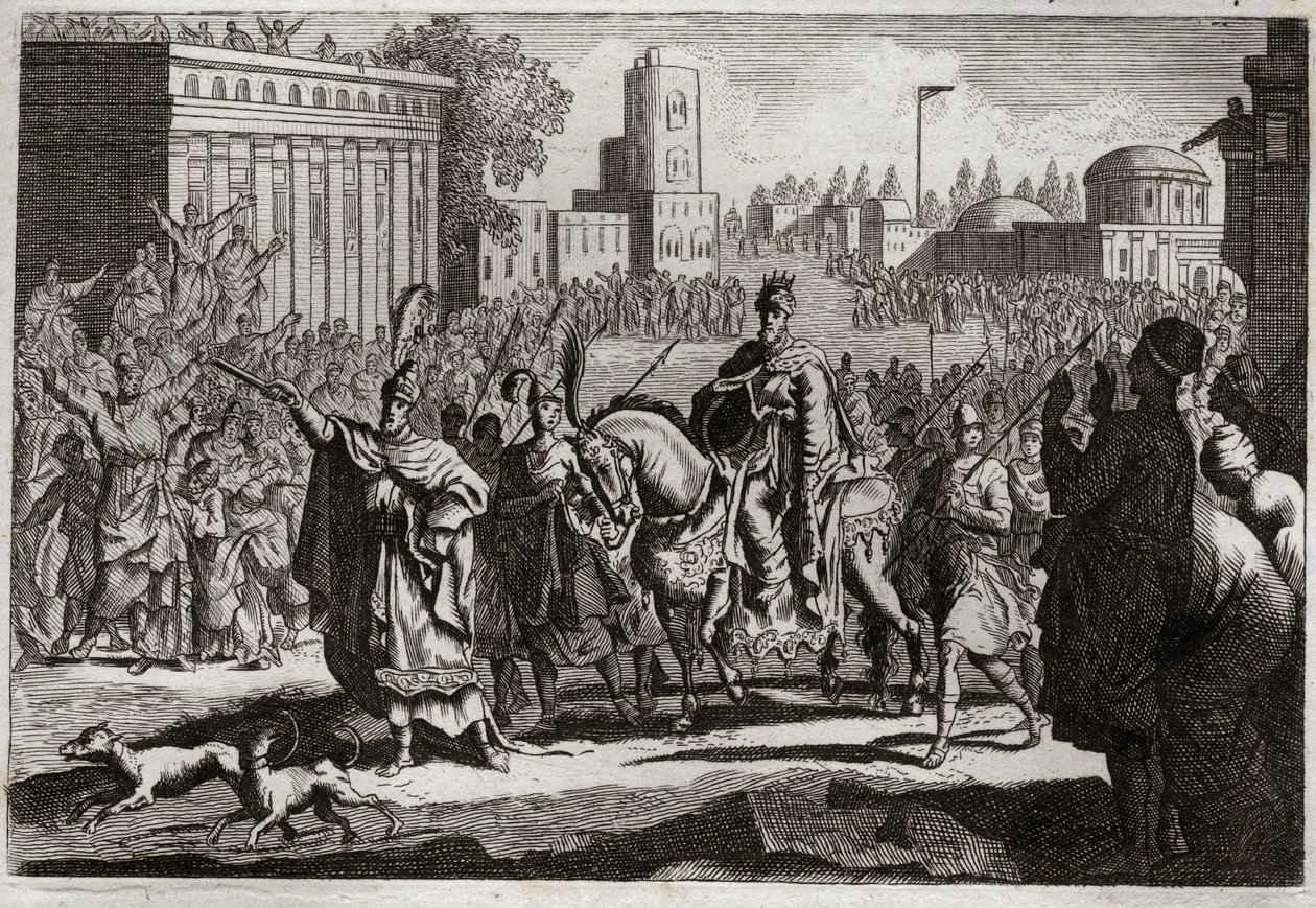 Biblia de Royaumont, Antiguo Testamento: Triunfo de Mardoqueo. Amán es obligado por el rey a publicar el triunfo de Mardoqueo, su enemigo, por toda la ciudad de Susa. Ilustración de 1811. de Unknown artist