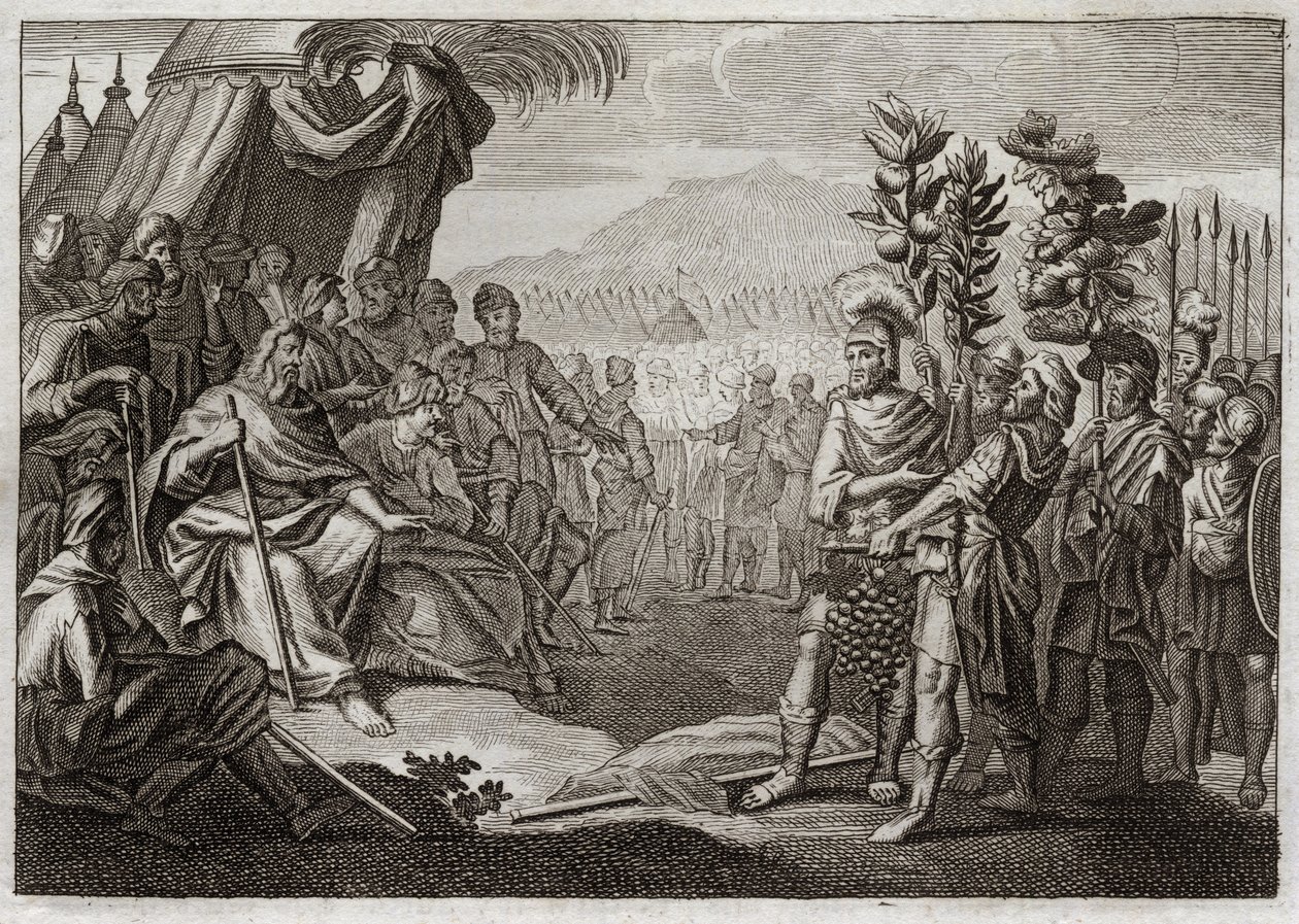 Biblia de Royaumont, Antiguo Testamento: Doce espías. Moisés envió a doce espías a reconocer la tierra de Canaán (Tierra Prometida). Hacen murmurar al pueblo, y Dios, para castigarlos por este murmullo, les asegura que nunca entrarán en esta tierra. Ilustr de Unknown artist