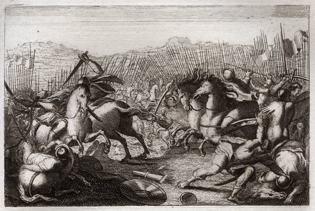 Biblia de Royaumont, Antiguo Testamento: Victoria de Judas. Judas Macabeo derrotó a Apolonio, Serón, Ptolomeo Macron, Gorgias, Nicanor y Lisias en varias batallas. Ilustración de 1811. de Unknown artist