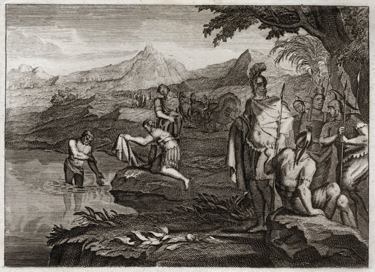 Biblia de Royaumont, Antiguo Testamento: Guerra de Naamán. Naamán, general del ejército del rey de Siria, vino a encontrar al profeta Eliseo para ser curado de su lepra. Ilustración de 1811. de Unknown artist