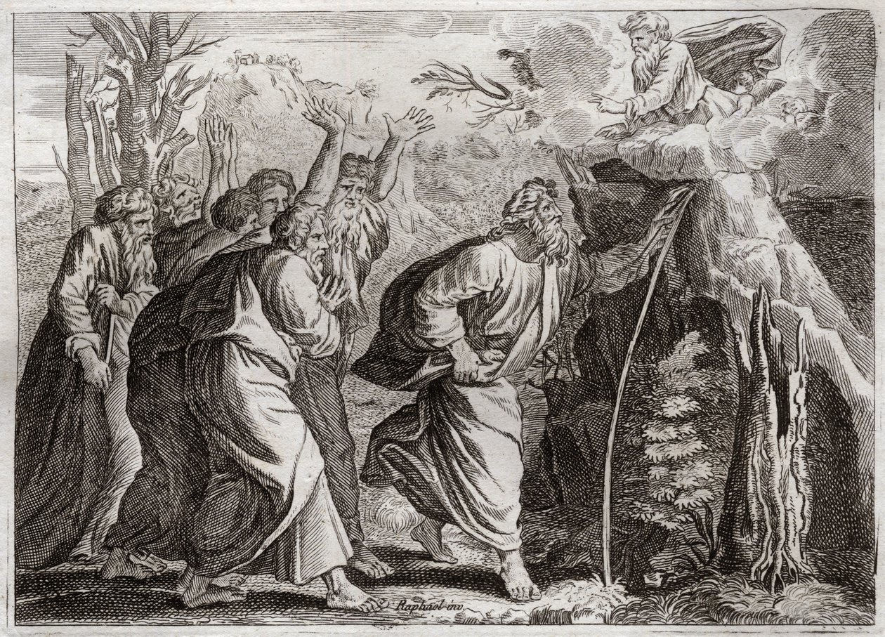 Biblia de Royaumont, Antiguo Testamento: Agua de la roca. Moisés saca agua de la roca y da de beber al pueblo de Israel. Ilustración de 1811 de Unknown artist