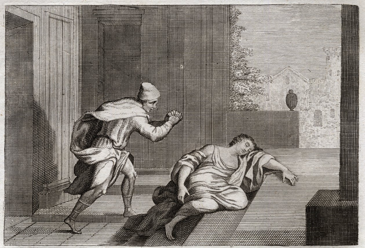 Biblia de Royaumont, Antiguo Testamento: Mujer del Levita ultrajado. La esposa del levita fue encontrada muerta en la puerta después de ser abusada por maleantes. Ilustración de 1811 de Unknown artist