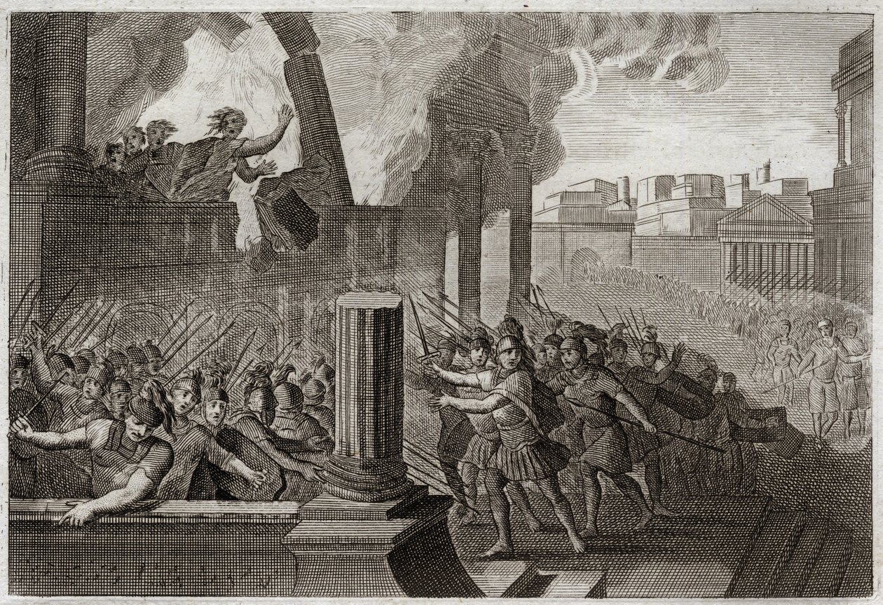 Biblia de Royaumont, Antiguo Testamento: Zambri se quema. Zambri, habiéndose rebelado contra Ela, el cuarto rey de Israel, se atrinchera en Tersa, donde se quema a sí mismo, con toda su familia, en su palacio. Ilustración de 1811 de Unknown artist