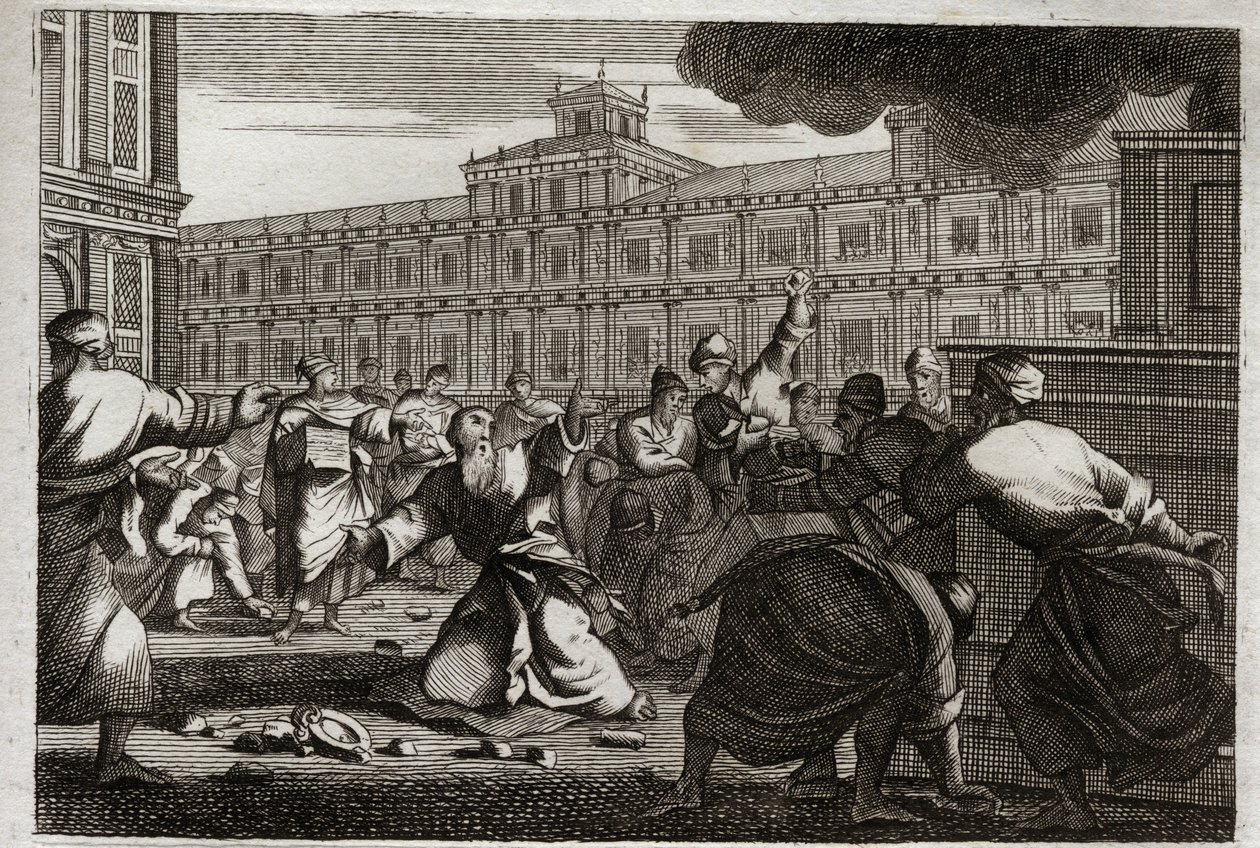 Biblia de Royaumont, Antiguo Testamento: Zacarías apedreado. Zacarías, el Sumo Sacerdote, es apedreado por orden de Joás, rey de Judá, porque no siguió sus órdenes. Ilustración de 1811. de Unknown artist
