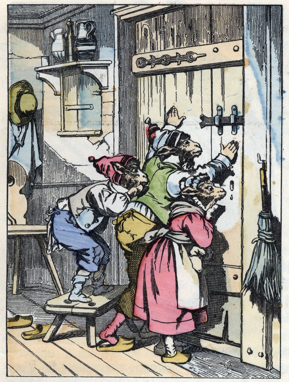 Los biquets escuchan quién llama a la puerta. Ilustración del cuento "Compere le Loup, Maitre Renard, Comere la Chevre et ses petits biquets" después de una fábula de Jean de la Fontaine. En "Cuentos del hogar para los pequeños". Grabado anónimo del siglo  de Unknown artist