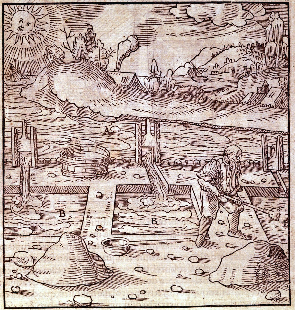 Recuperación de betún. Georg Bauer "Agricola De Re metallica" libro del siglo XV. Bibl. del Museo de Ciencia, Milán. de Unknown artist
