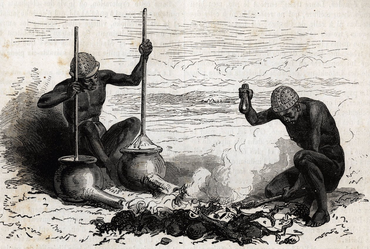 Herreros Lakoutas (tribu ubicada en la región del Alto Nilo), una rama de madera bifurcada sirve como tenazas, dos piedras sirven como martillo y yunque, dos ollas de barro con largos tubos en su base sirven como fuelles para el fuego de carbón, las ollas  de Unknown artist