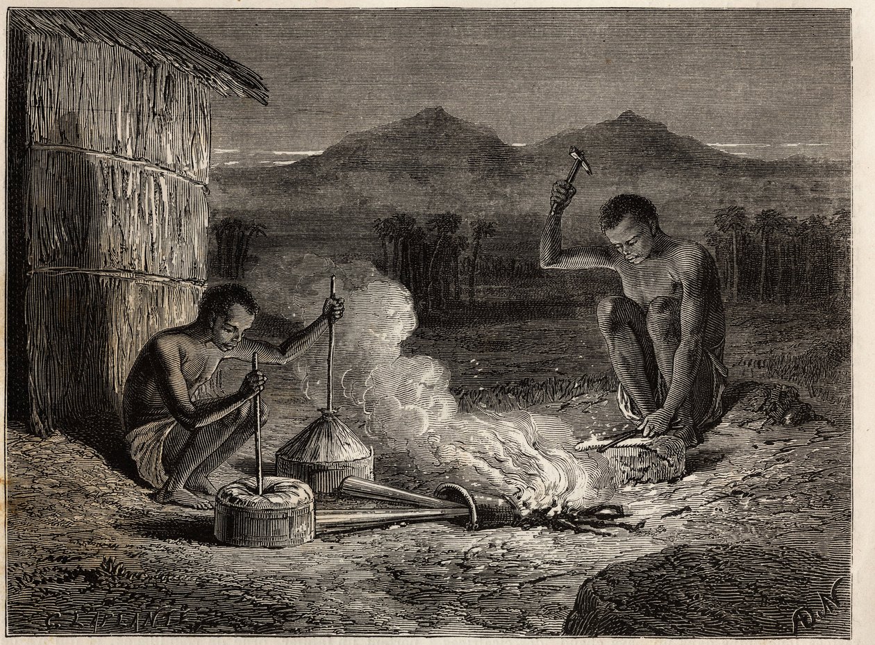 Herreros en Simiango, en las orillas del río Zambeze. Grabado para ilustrar los primeros viajes del Dr. Livingstone al sur de África de 1840 a 1856, en 