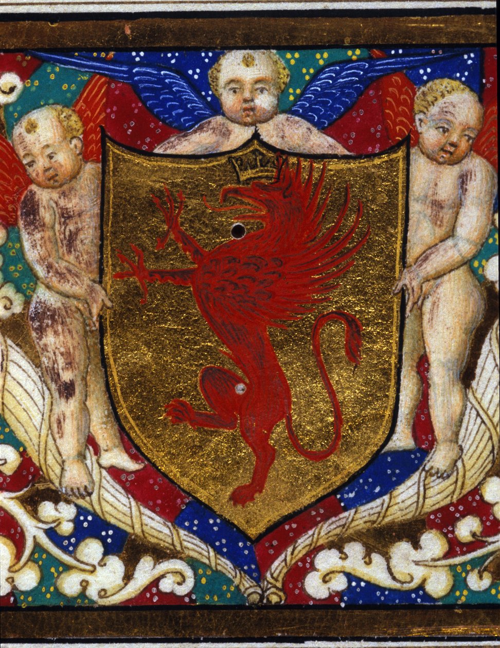 Blasón decora una corona de grifo sobre fondo dorado. (detalle) de Unknown artist